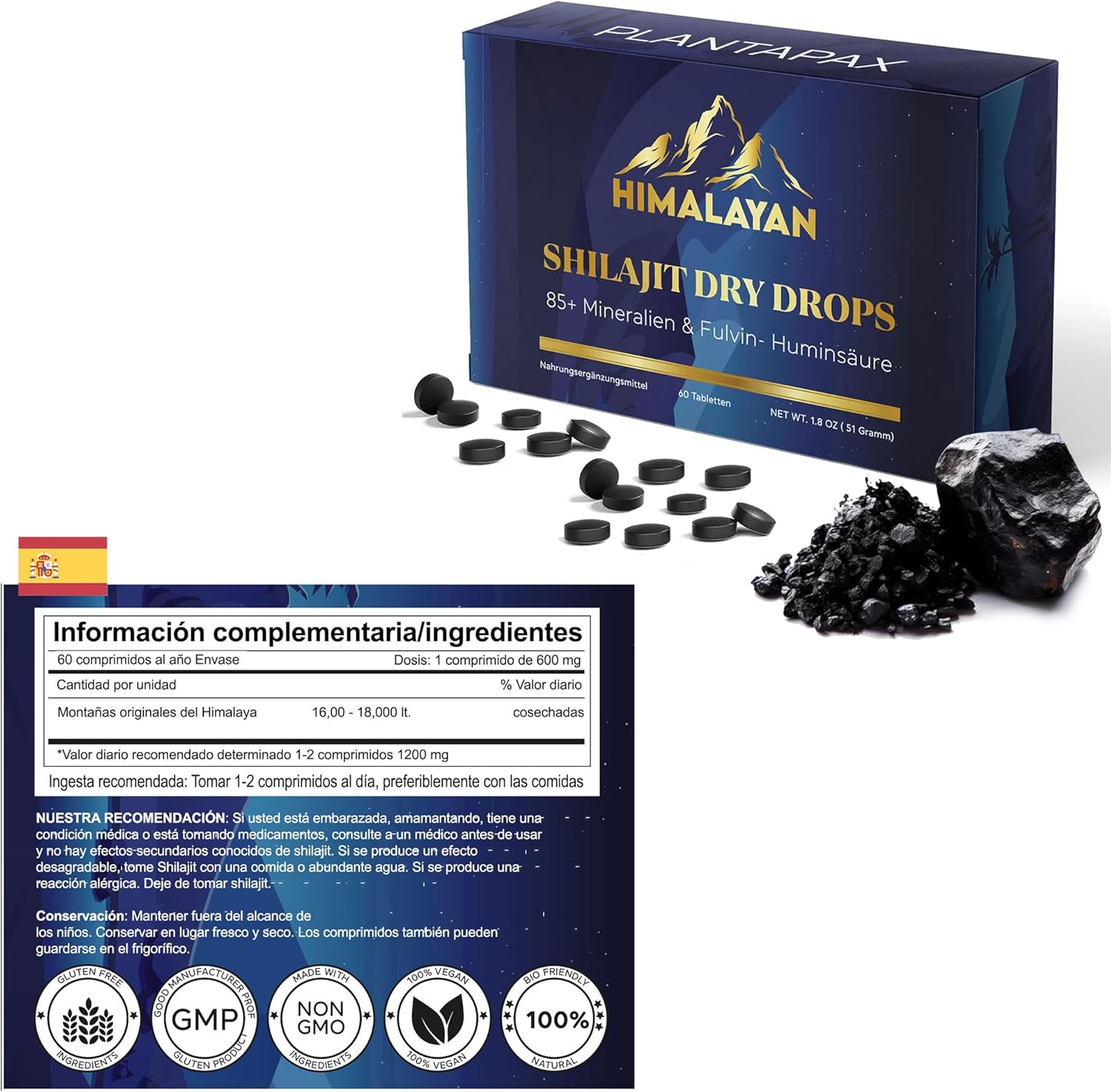 🌿 Shilajit Mumijo Extrakt – 60 Tabletten, hochdosiert 1.200 mg, 36.000 mg Gesamtinhalt