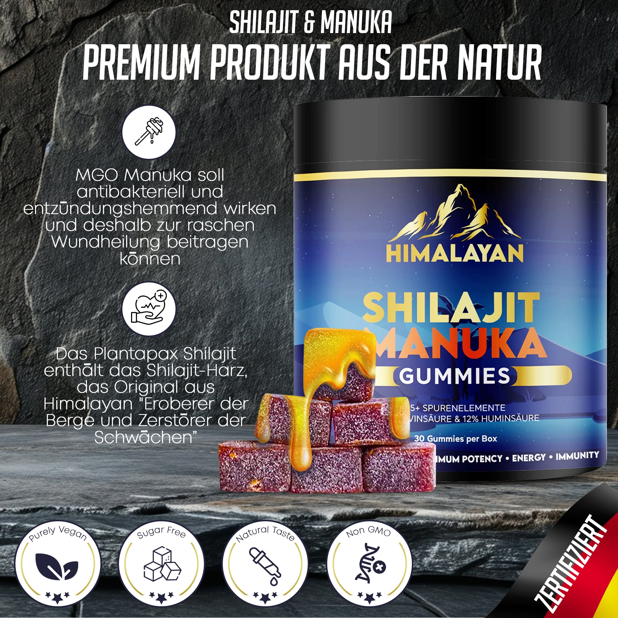 🐝 Shilajit Glow Gummibärchen – Manuka Honig, 50 % Fulvinsäure & 12 % Huminsäure