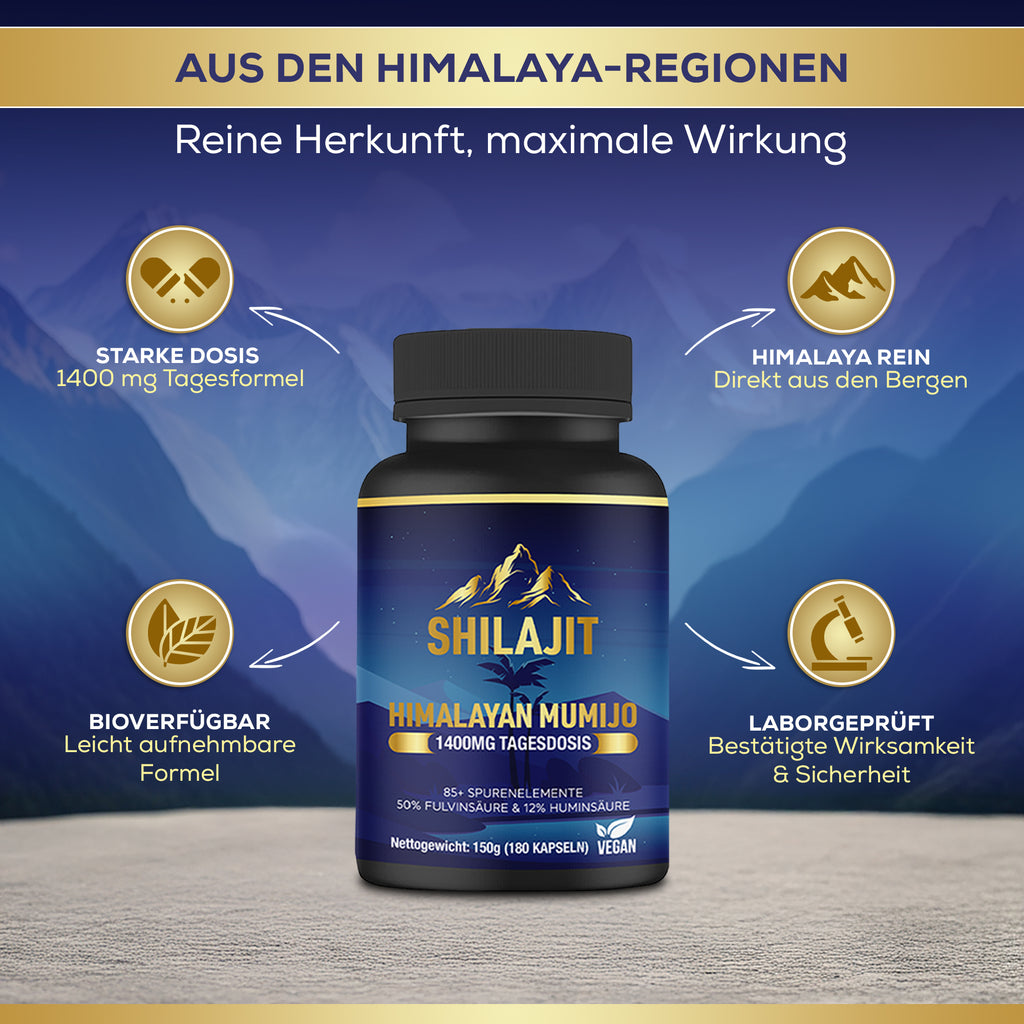 🌱 Shilajit Mumijo – 180 Kapseln, 1.400 mg hochdosiert, unterstützt Vitalität & Wohlbefinden